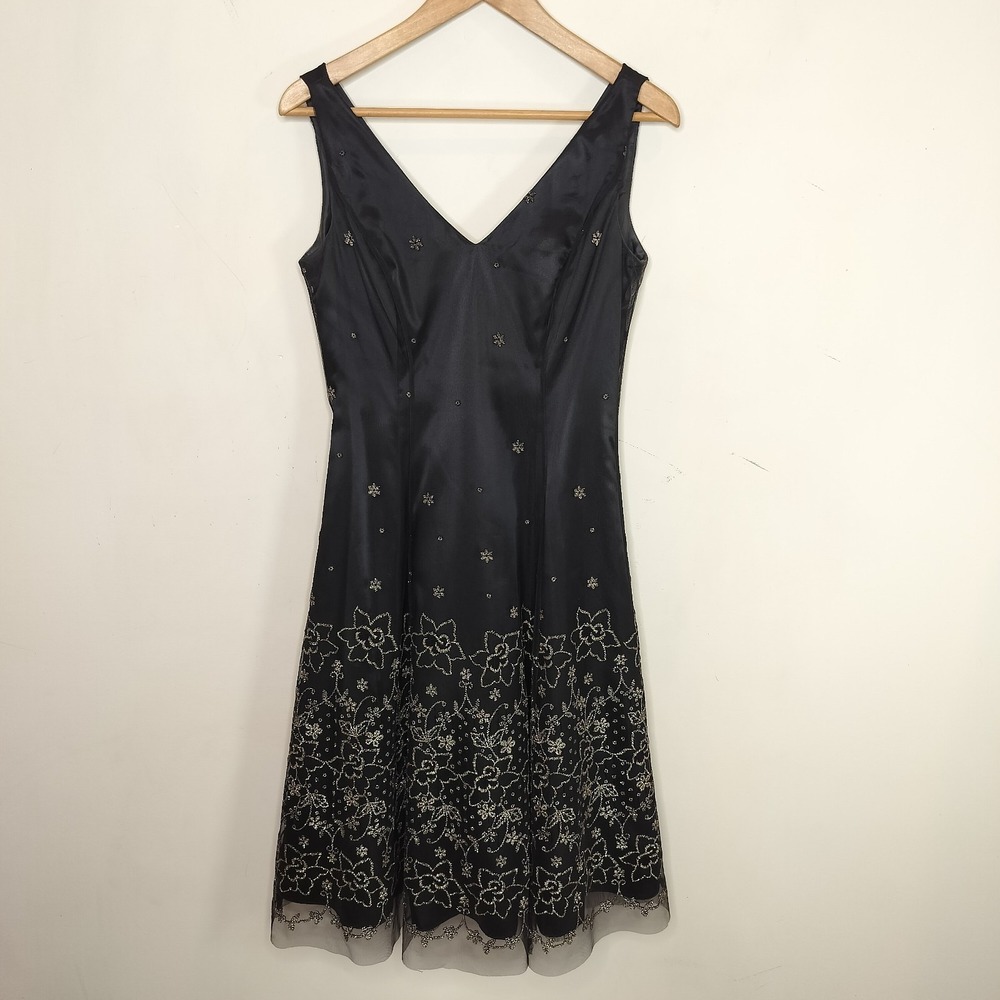 Adrianna Papell Cocktail Dress Black Gold Flitter Floral Fit Flare